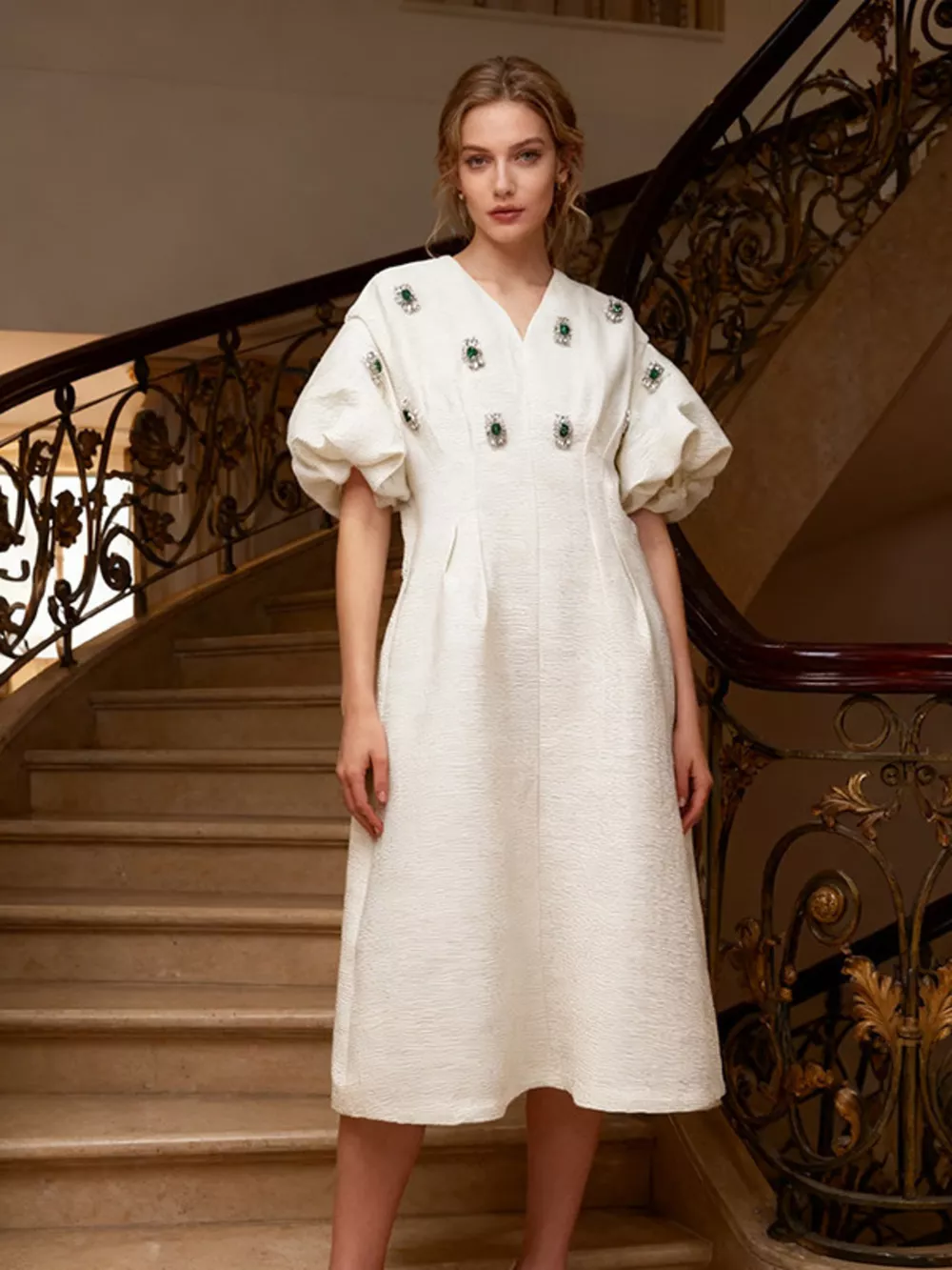Embellished Puff Sleeve Midi Dress, image 13