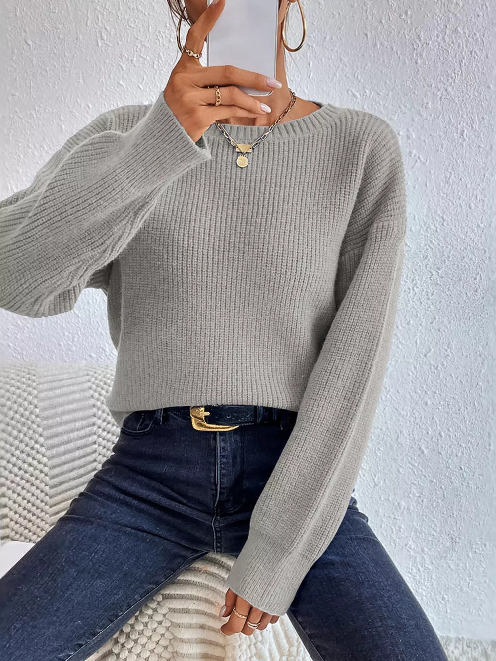 Ribbed Knit Dropped Shoulder Sweater