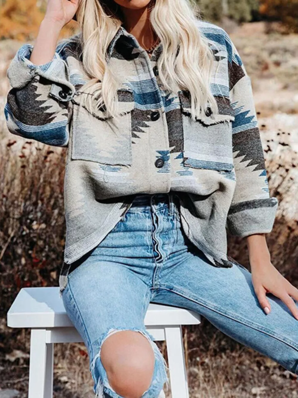 Geometric Button Up Jacket with Chest Pockets, image 2