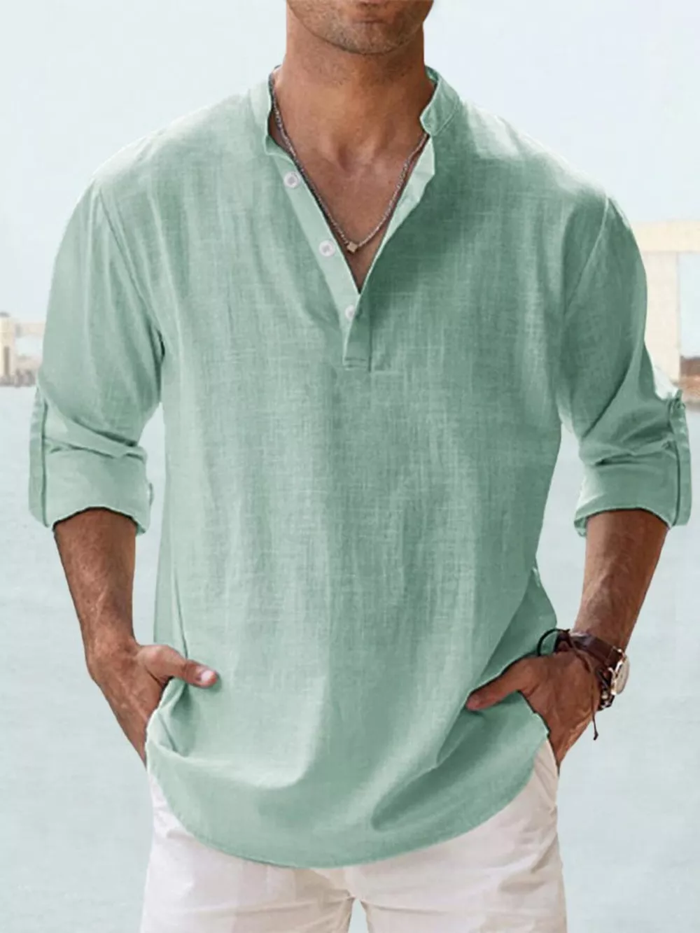 Men's Full Size Casual Button Detail Roll-Up Sleeve Blouse Plus Size, image 11