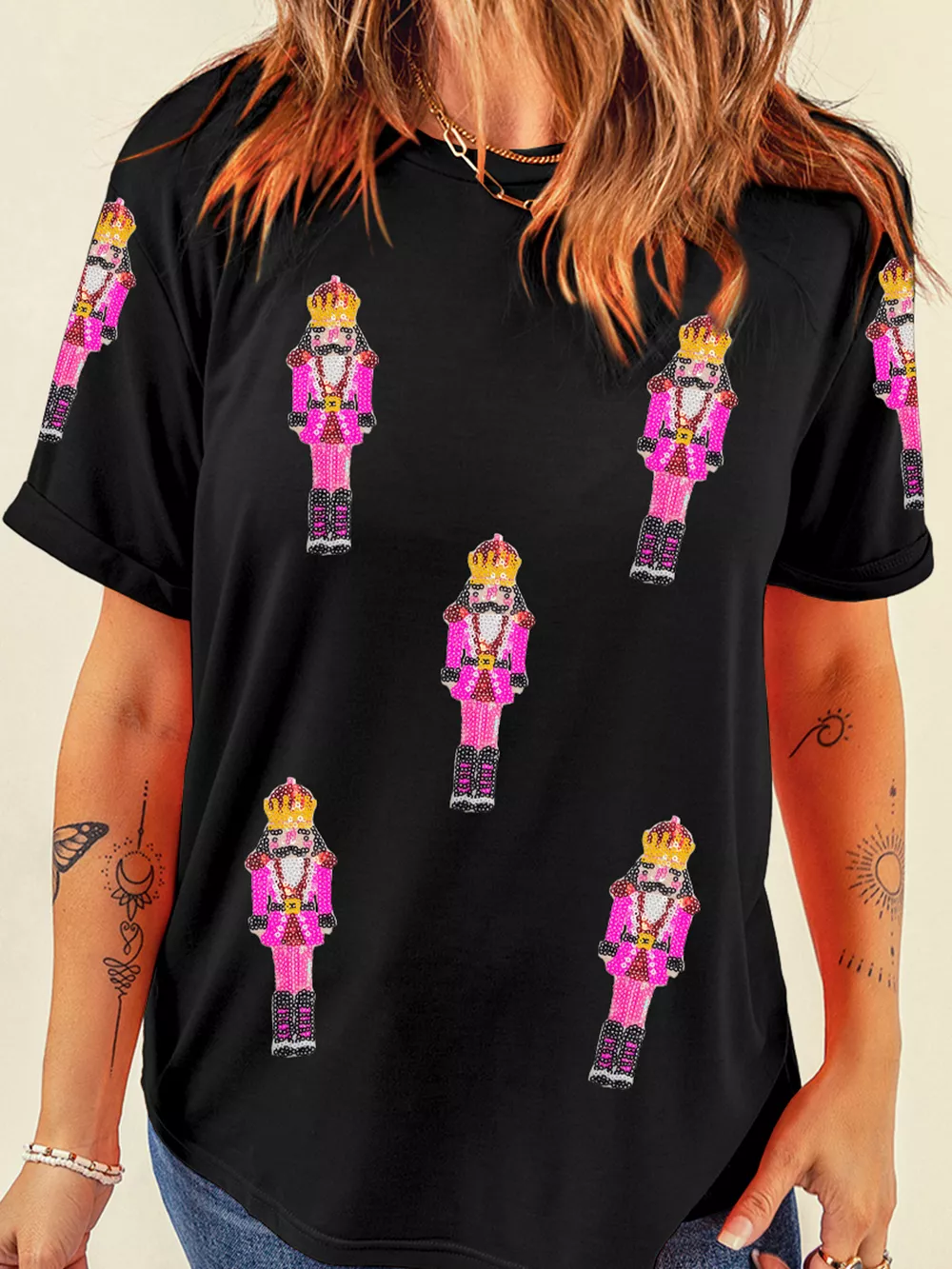 Sequin Patched Christmas Nutcracker Casual T Shirt, image 6
