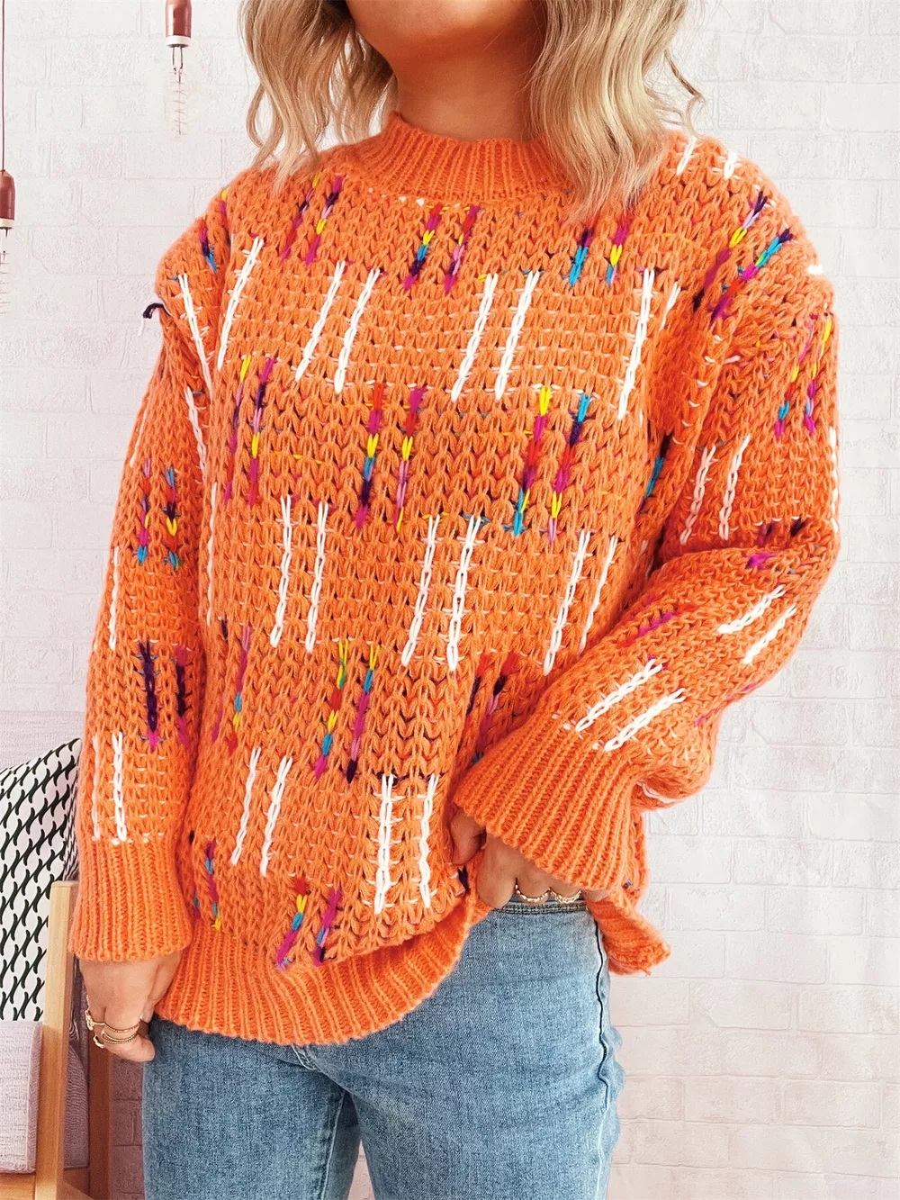 Colorful Round Neck Long Sleeve Sweater, image 20