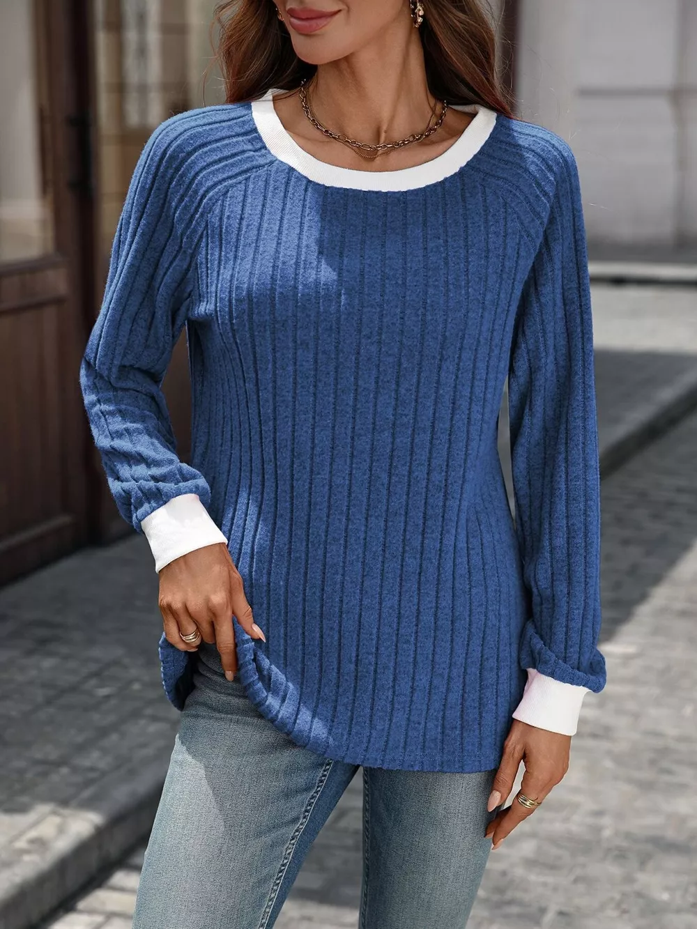 Ribbed Round Neck Raglan Sleeve Knit Top, image 2