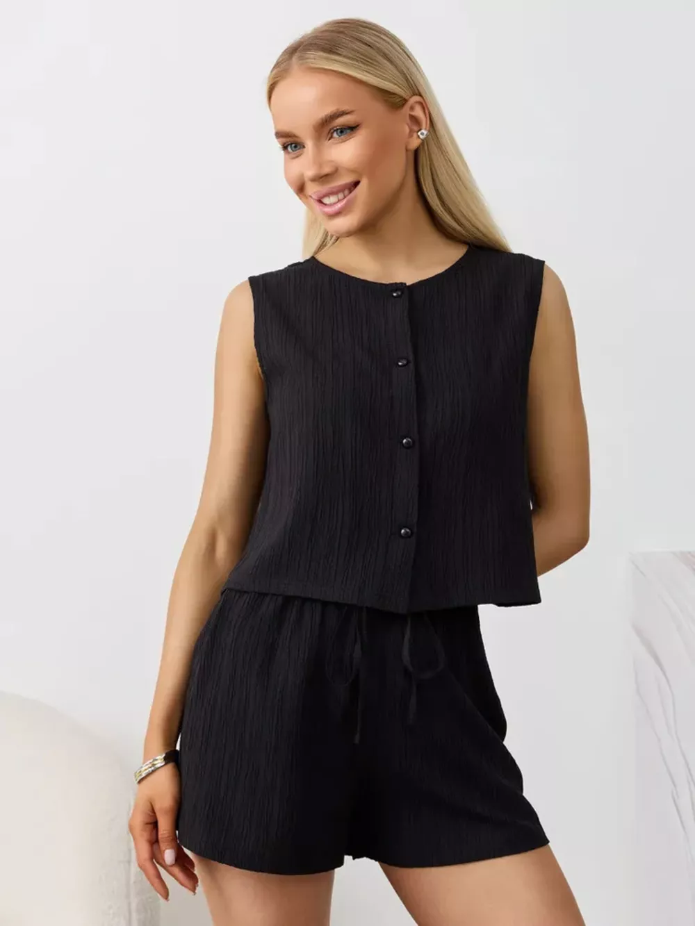 Textured Round Neck Tank and Shorts Set, image 11