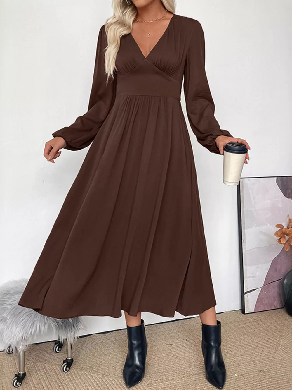 V-Neck Balloon Sleeve Midi Dress, image 7