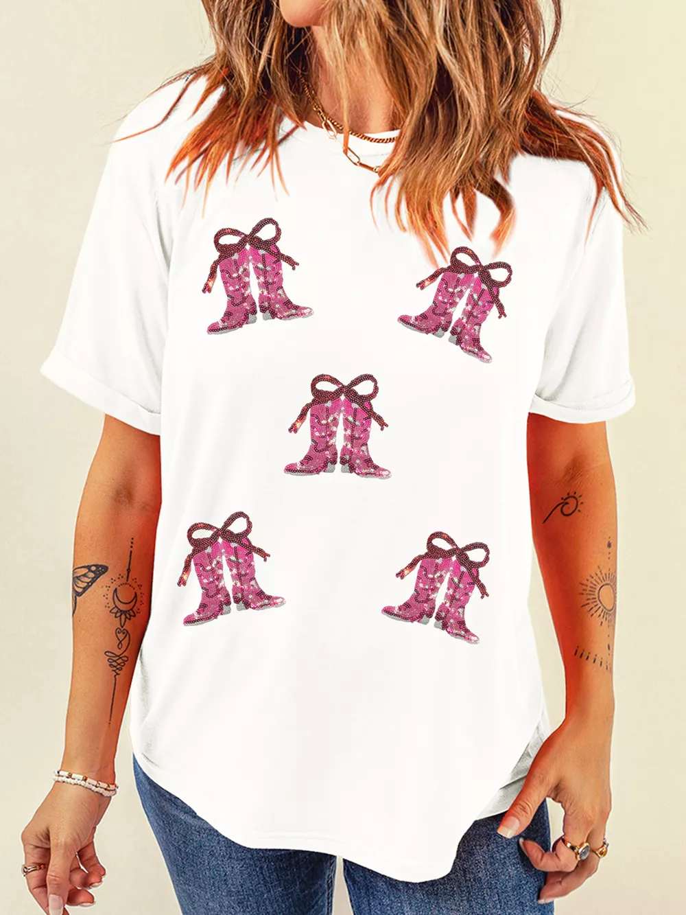 Sequined Cowgirl Boots Patched Custom Print T Shirt, image 4