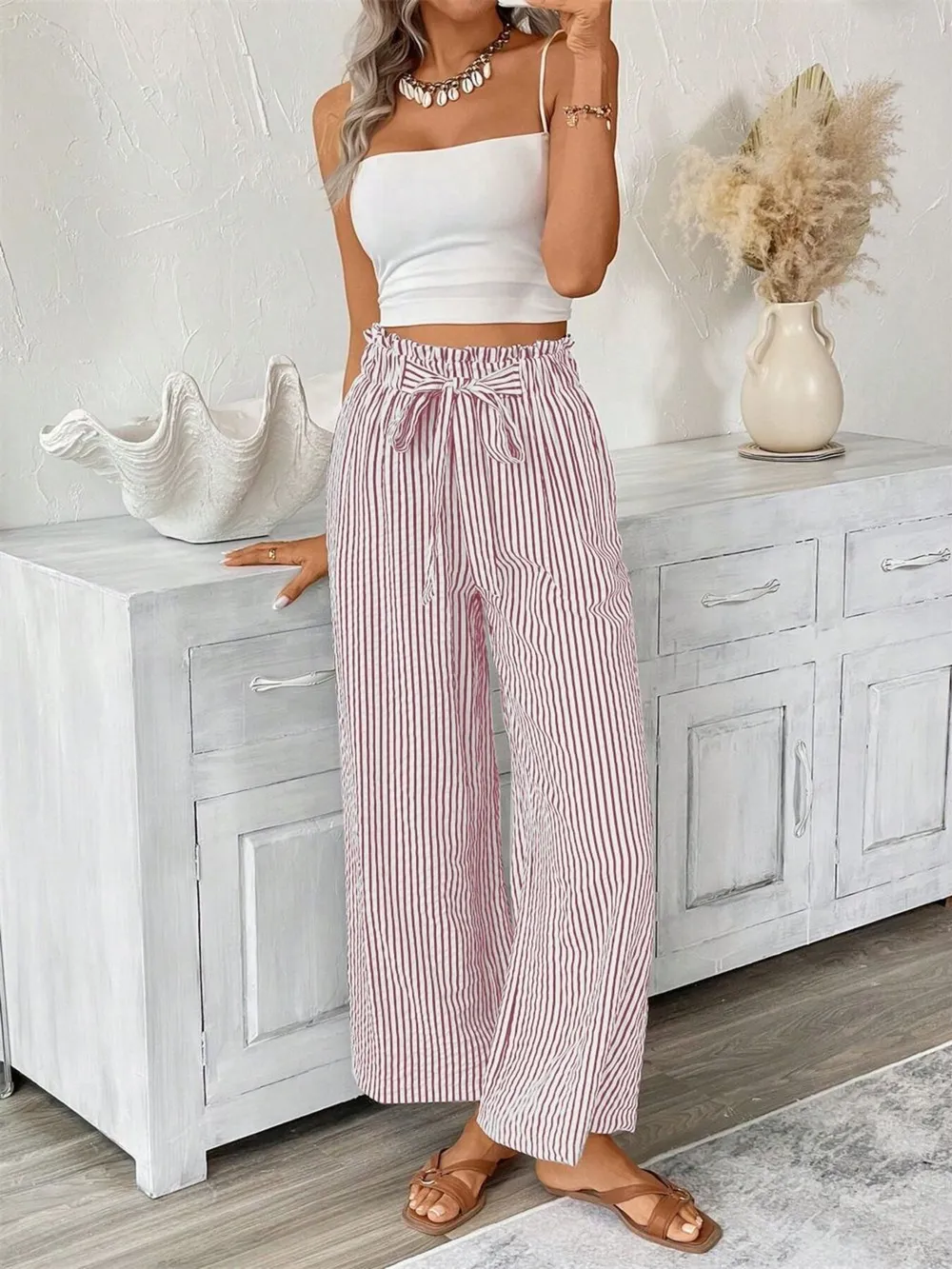 Full Size Striped Wide Leg Paper Bag Pants Plus Size, image 14