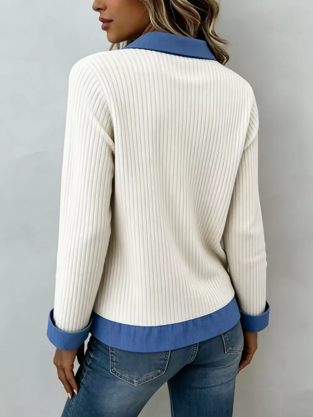 Denim Trim Ribbed Knit Top, image 3