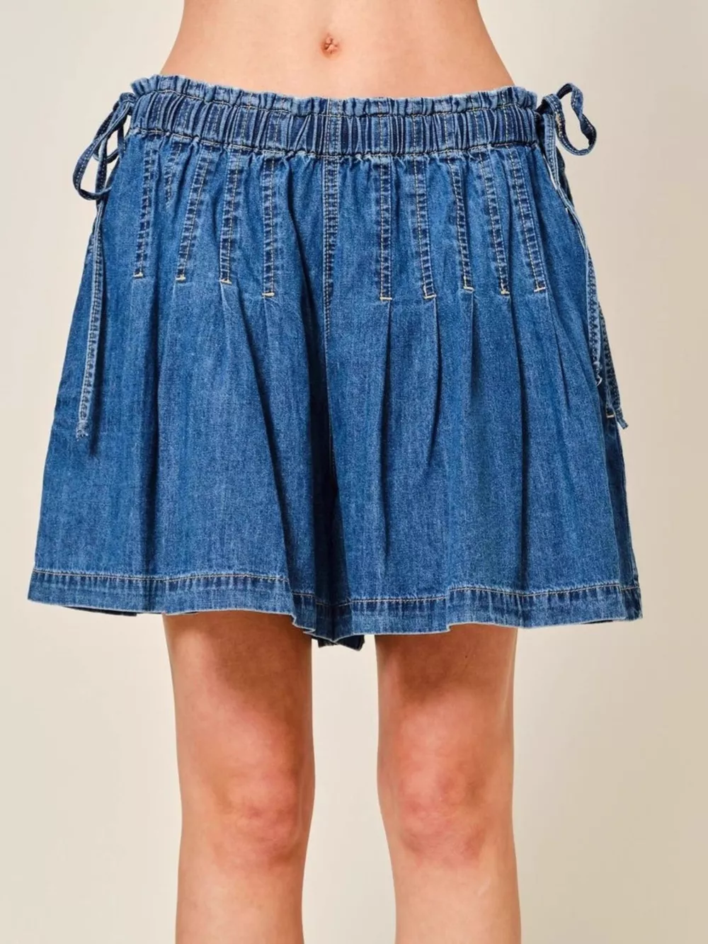 Pleated Elastic Waist Denim Shorts, image 6