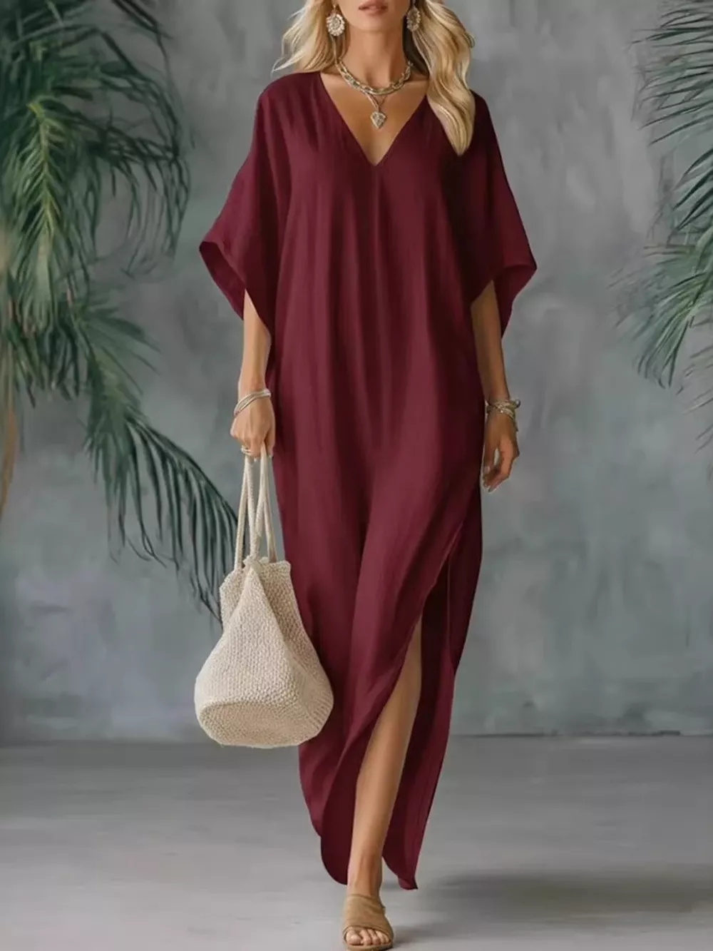 Full Size V-Neck Maxi Dress with Side Slits Plus Size