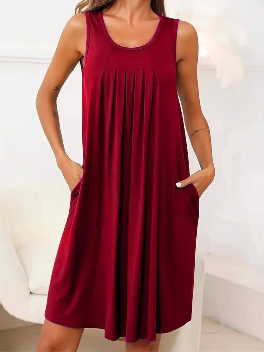 Flowy Pleated Tank Dress with Pockets, image 14