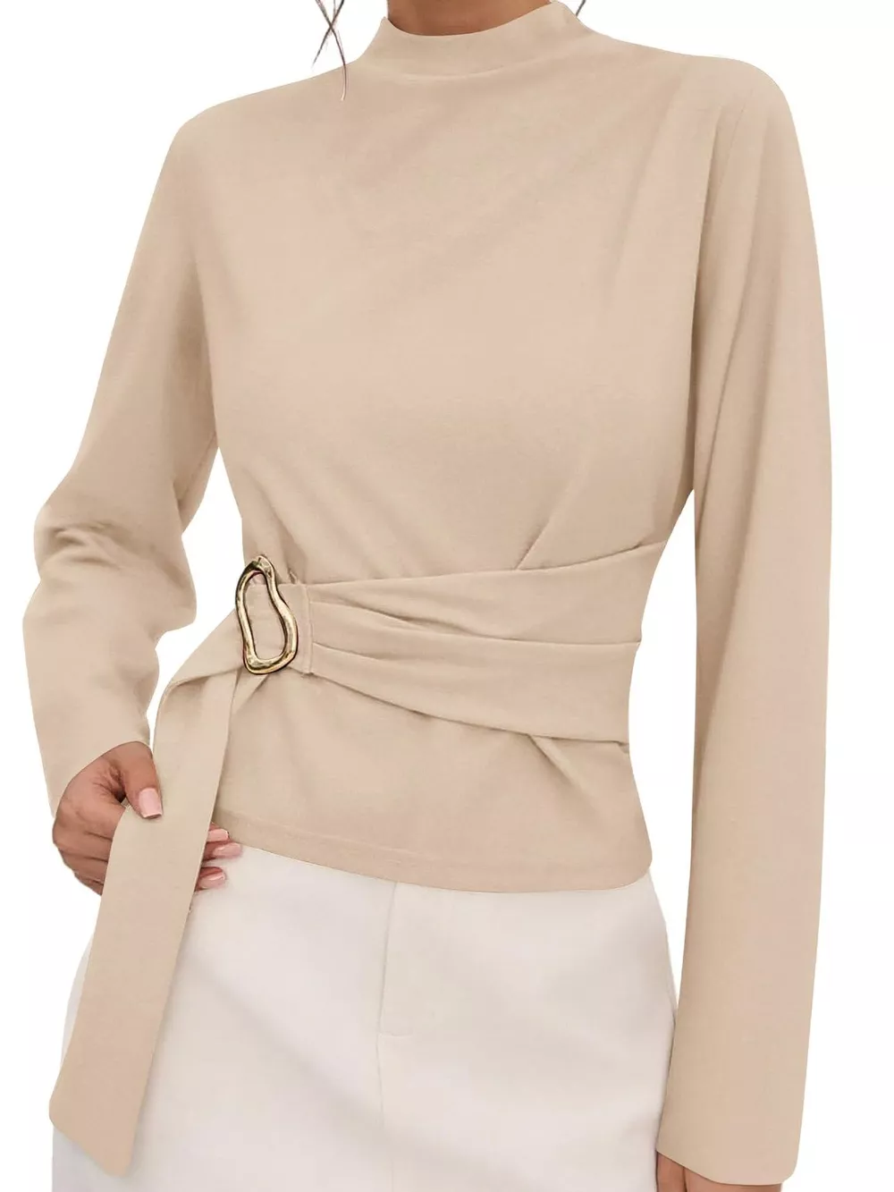 Mock Neck Blouse with Waist-Defining Metal Buckle Detail
