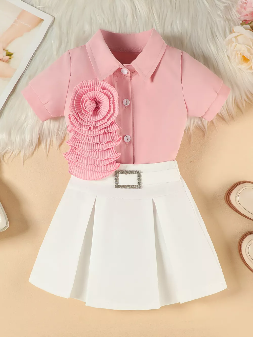 Children's Flower Decor Shirt & Pleated Skirt Set, image 2