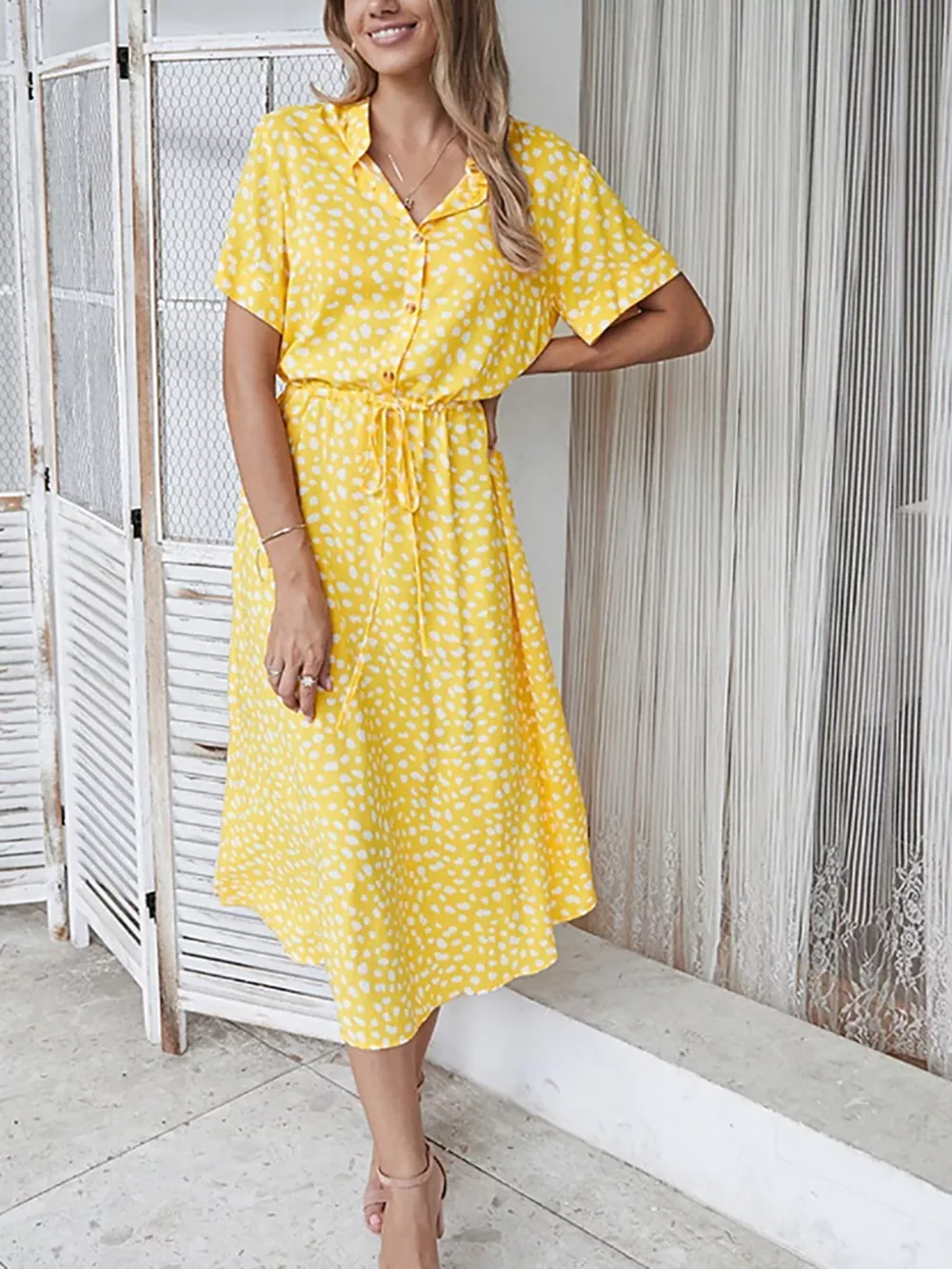 Polka Dot Button Front Midi Dress, image 3