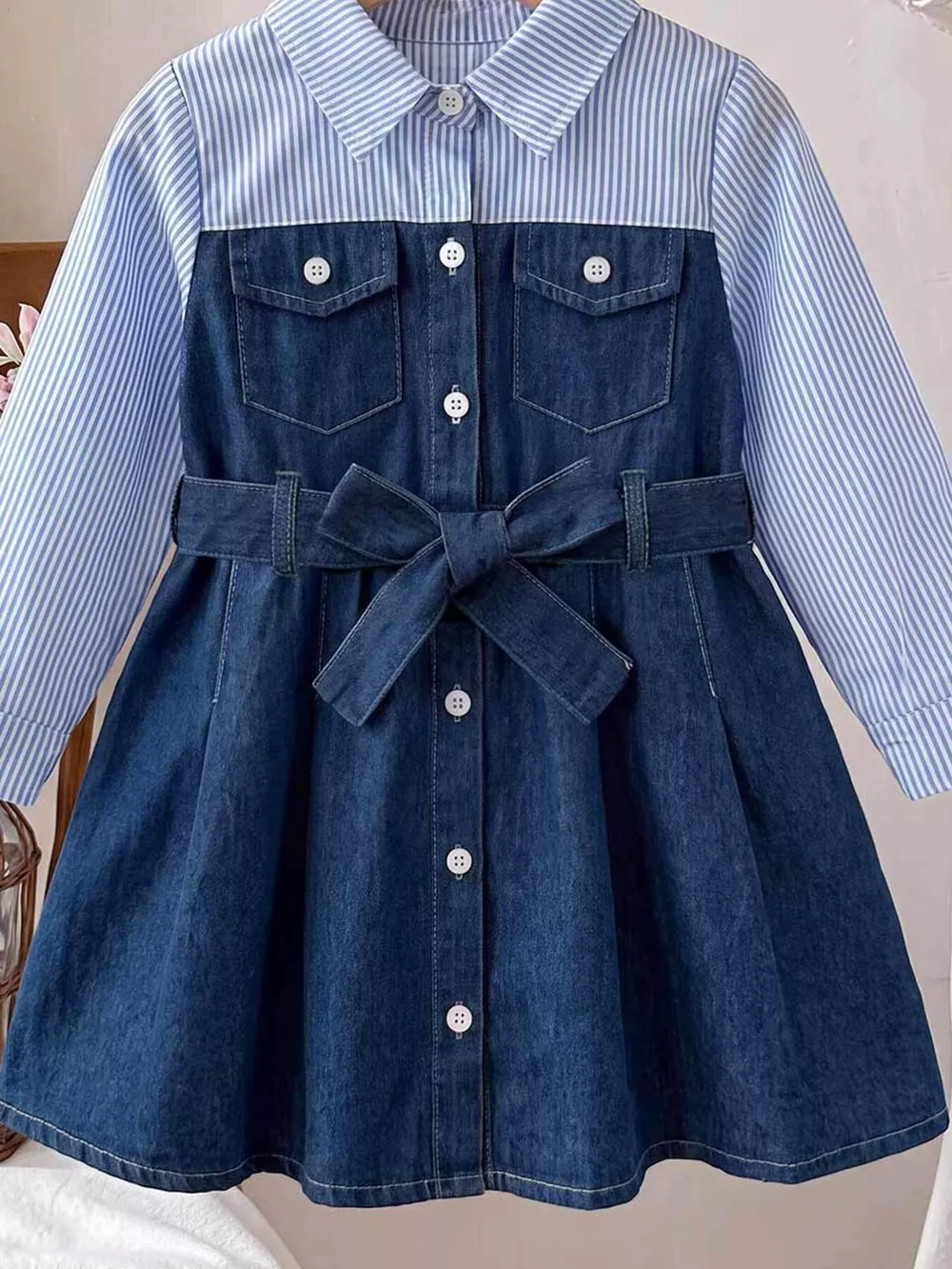 Children's Contrast Striped Denim Patchwork Dress with Belt, image 3