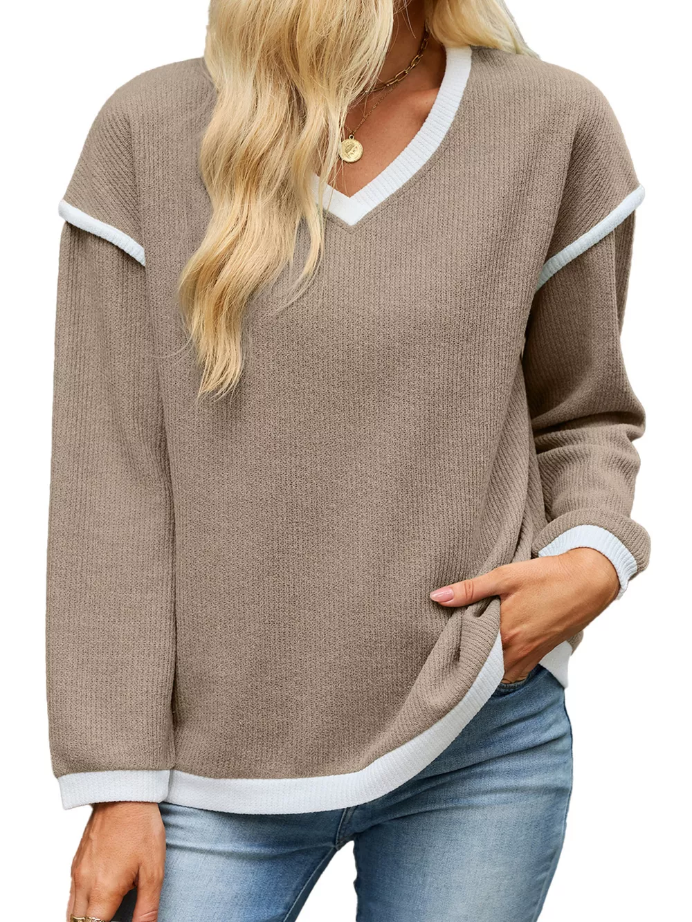 Casual V-Neck Dropped Shoulder Sweater, image 22