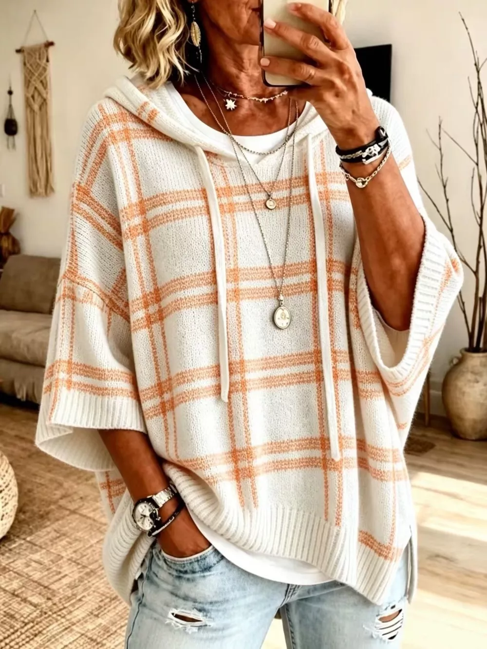 Plaid Hooded Knit Sweater, image 9