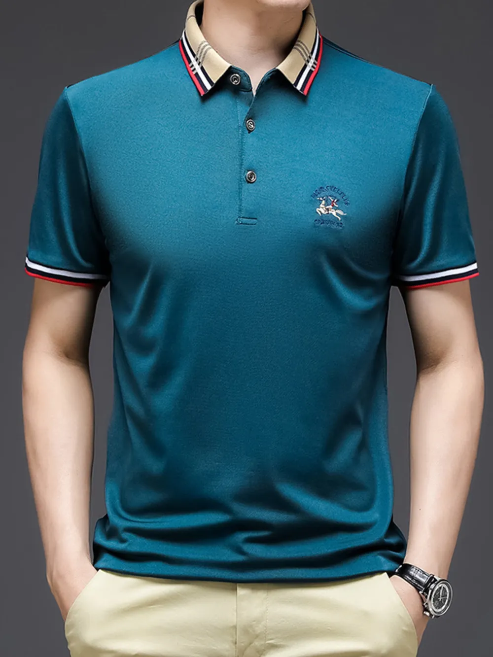 Men's Plus Size Striped Collar Short Sleeve Polo Shirt, image 6