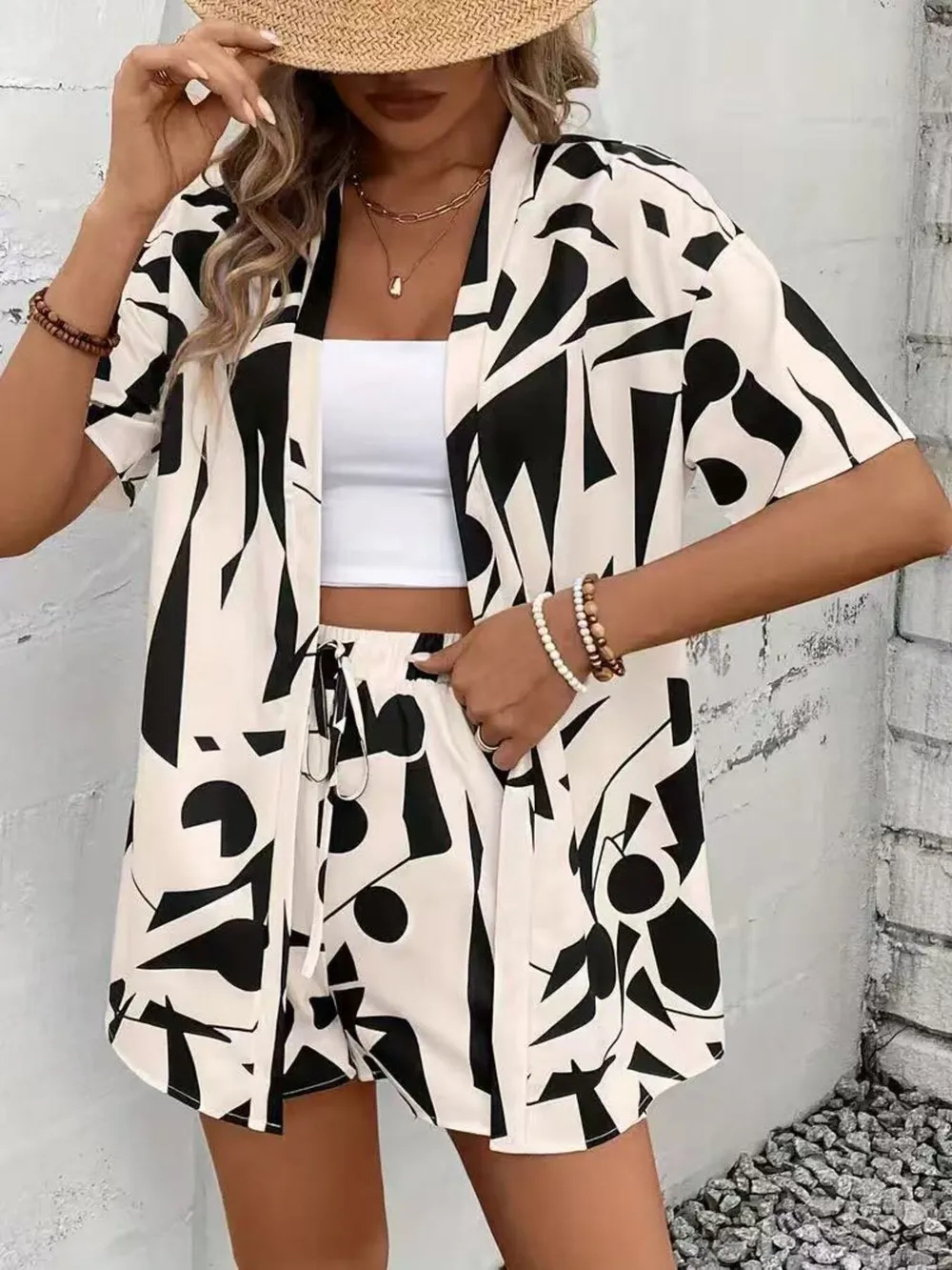 Printed Open Front Cardigan and Shorts Set, image 15