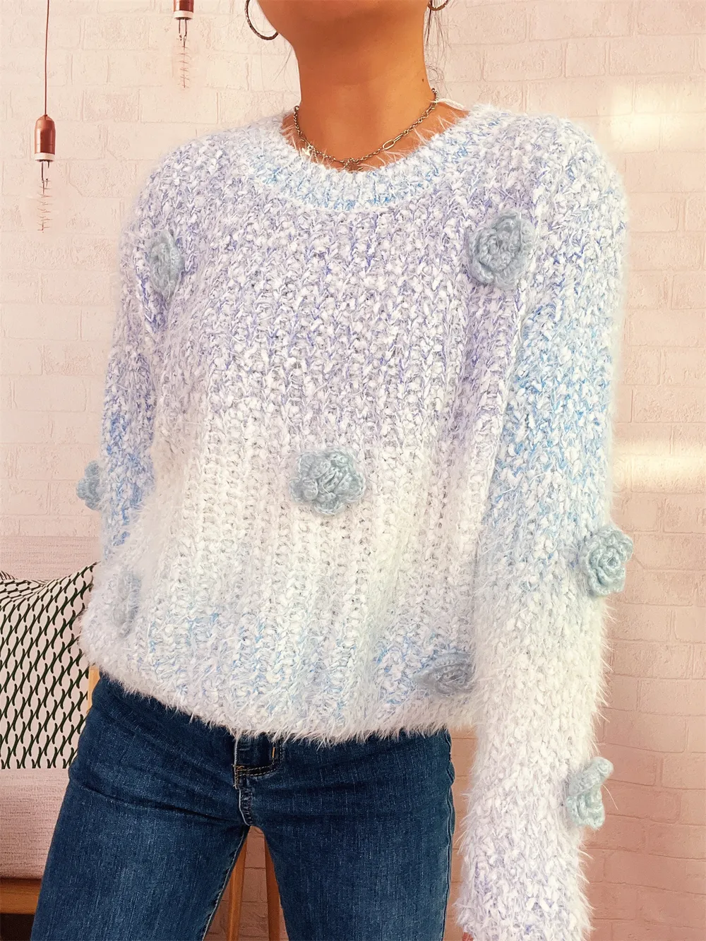 Flower Embellished Round Neck Sweater, image 13