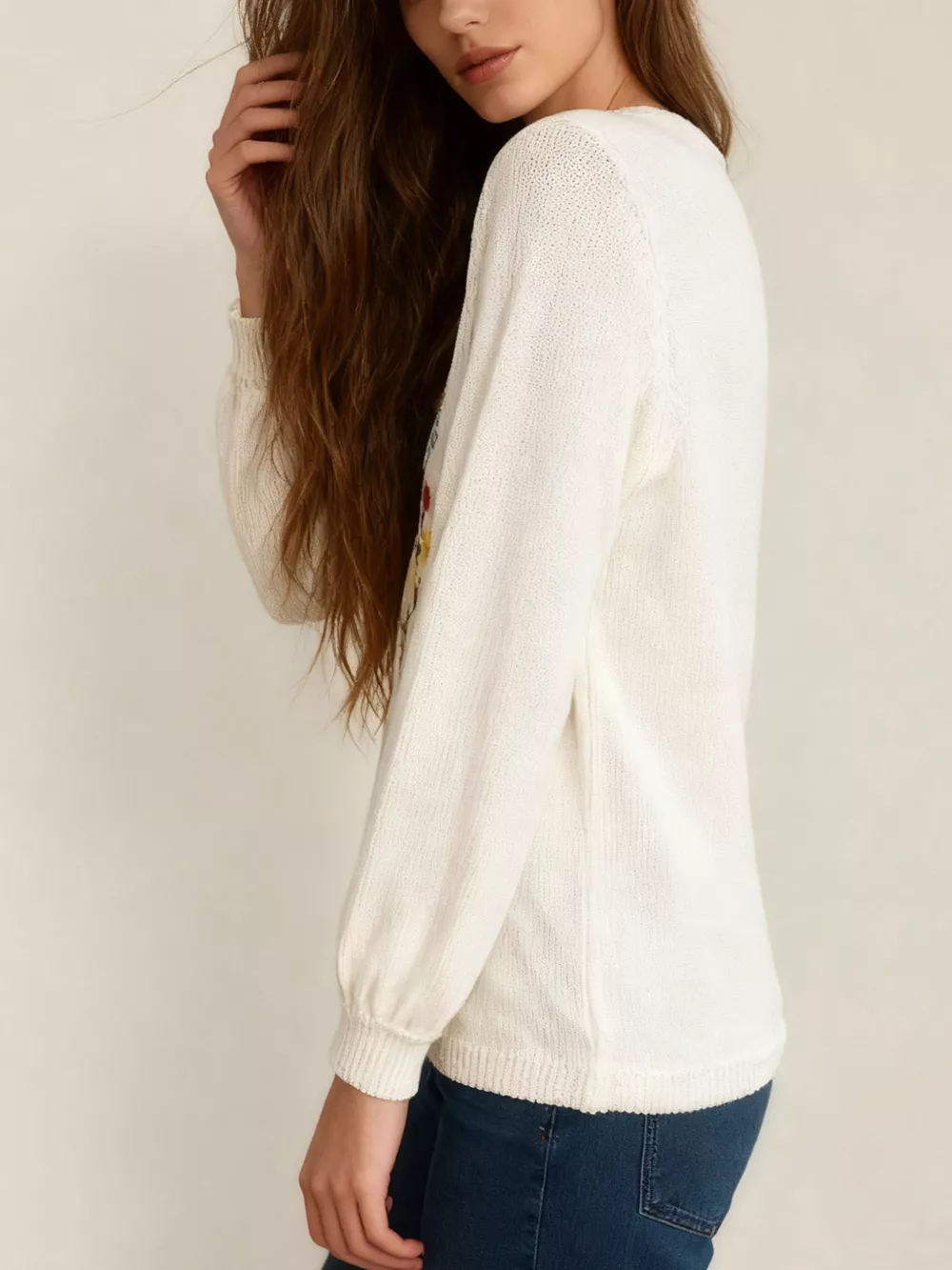 Floral Embroidered V-Neck Sweater, image 3
