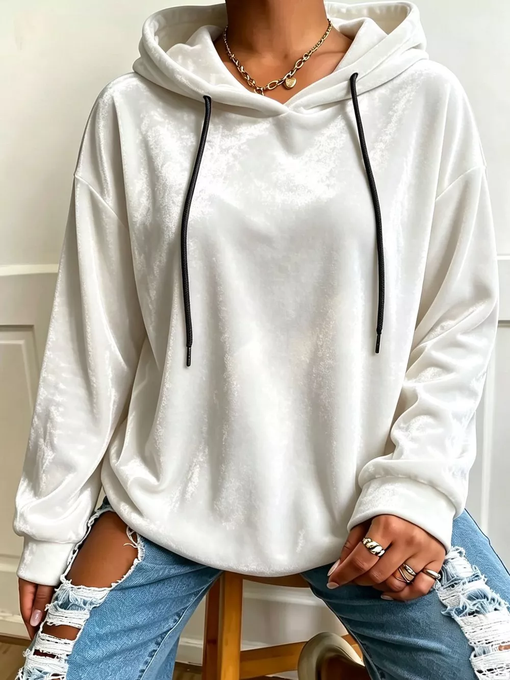 Plus Size Velvet Drawstring Dropped Shoulder Hoodie