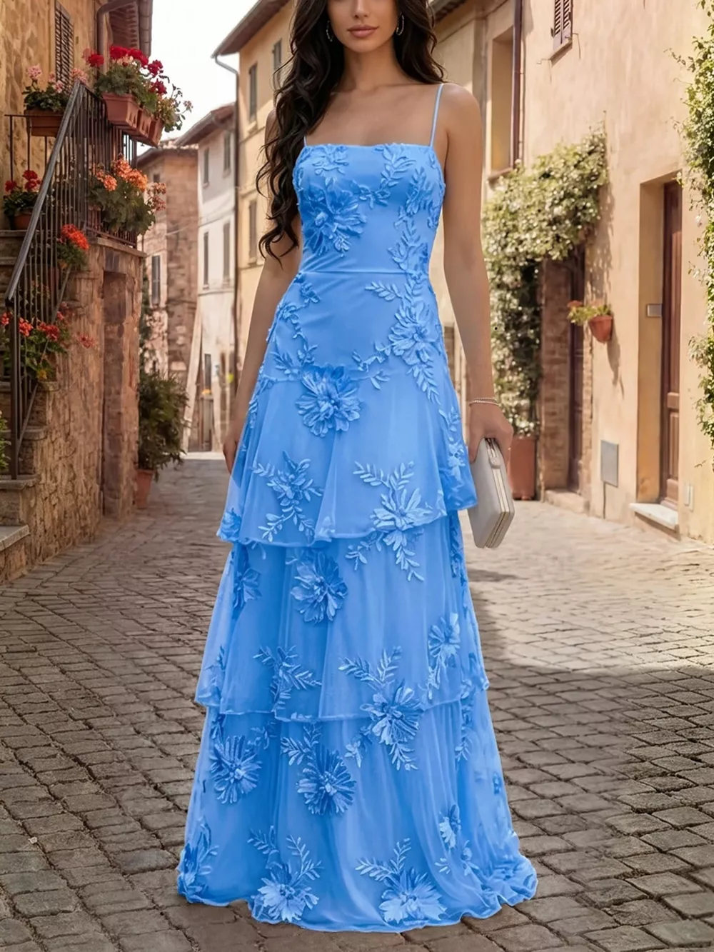 Floral Applique Tiered Maxi Dress with Lace Up Detail
