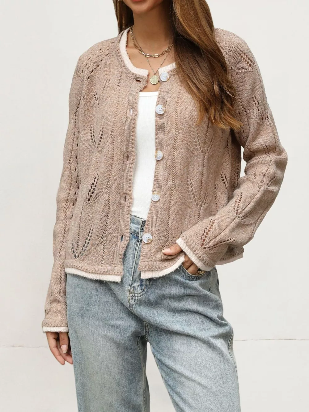 Hollow-Out Knit Button-Down Cardigan, image 4