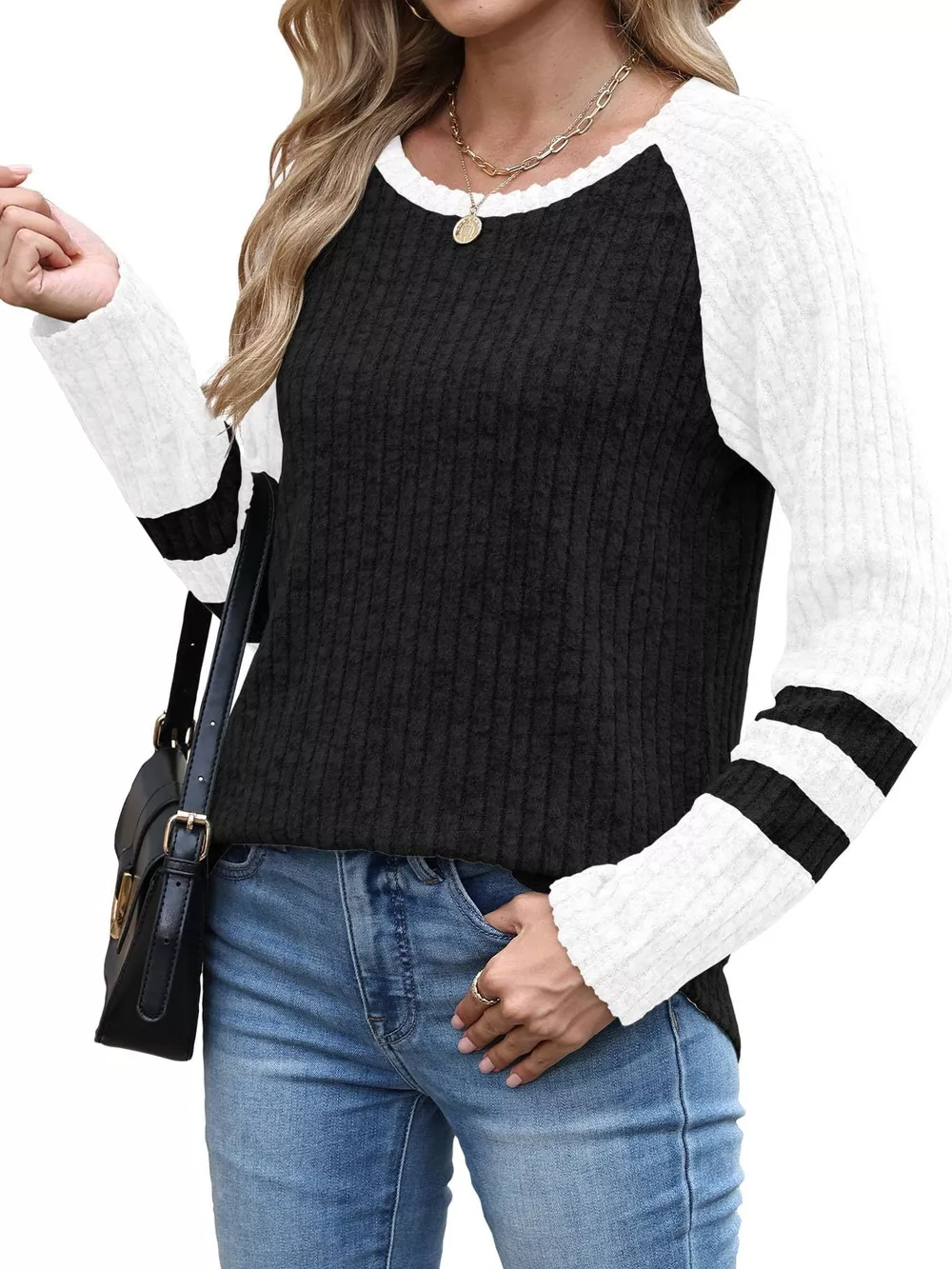 Ribbed Round Neck Raglan Sleeve Top, image 8