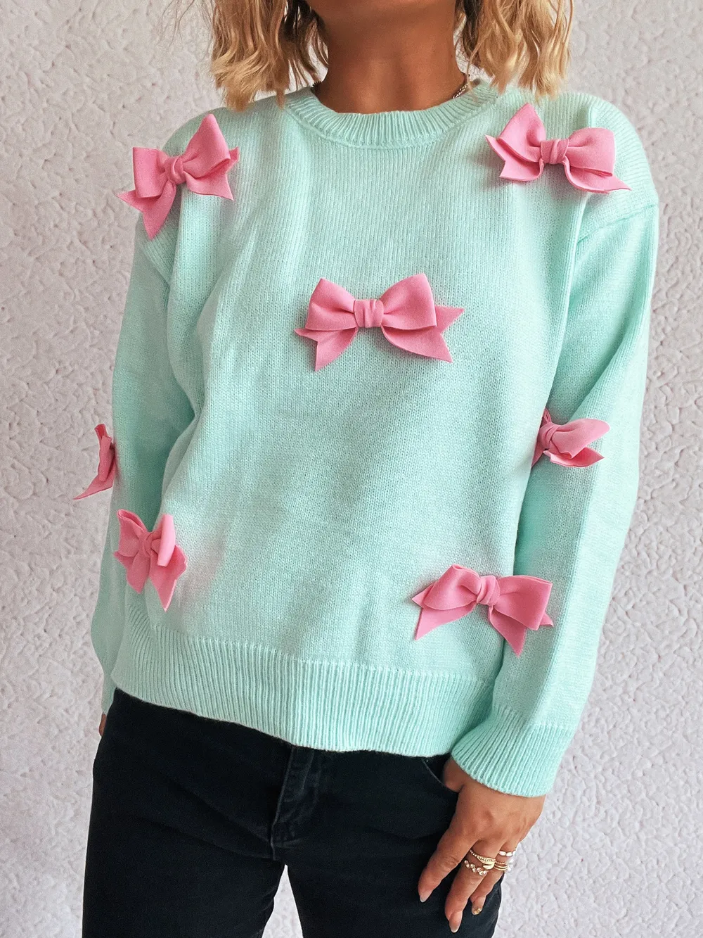 Bow Round Neck Long Sleeve Sweater, image 14