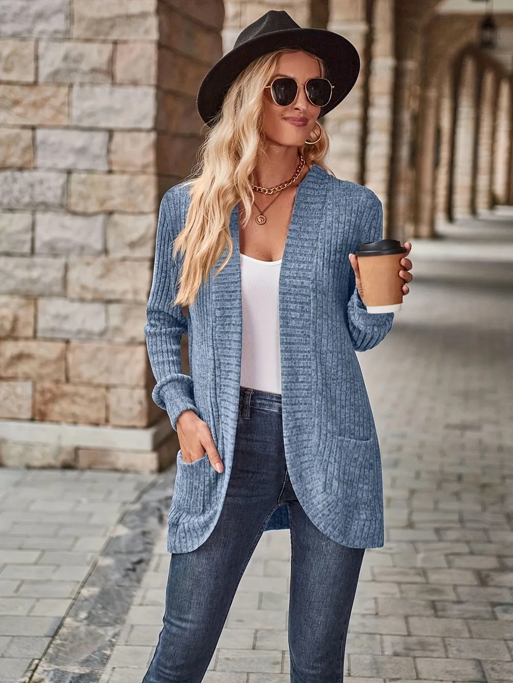 Ribbed Open Front Long Cardigan with Pockets, image 27