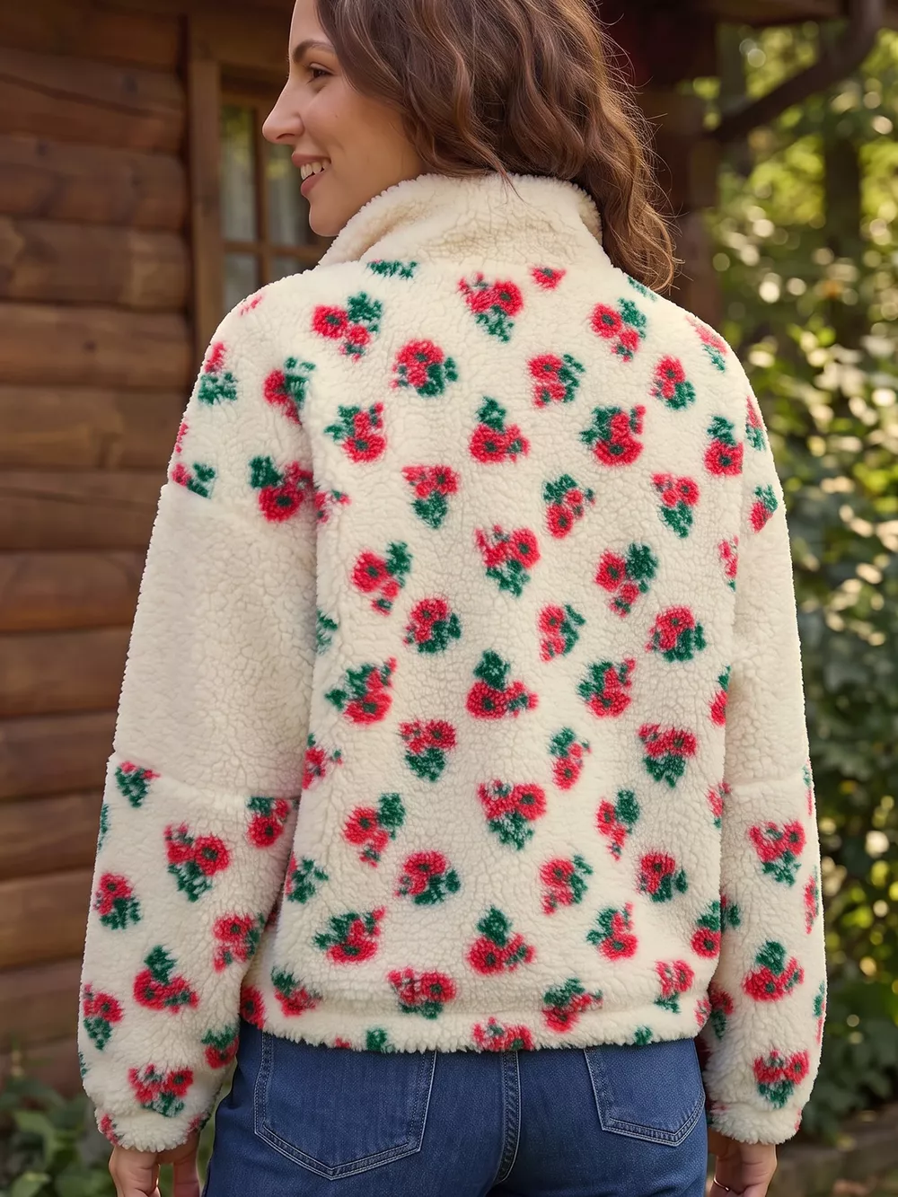 Floral Print Fleece Contrast Trim Button Collar Sweatshirt, image 5