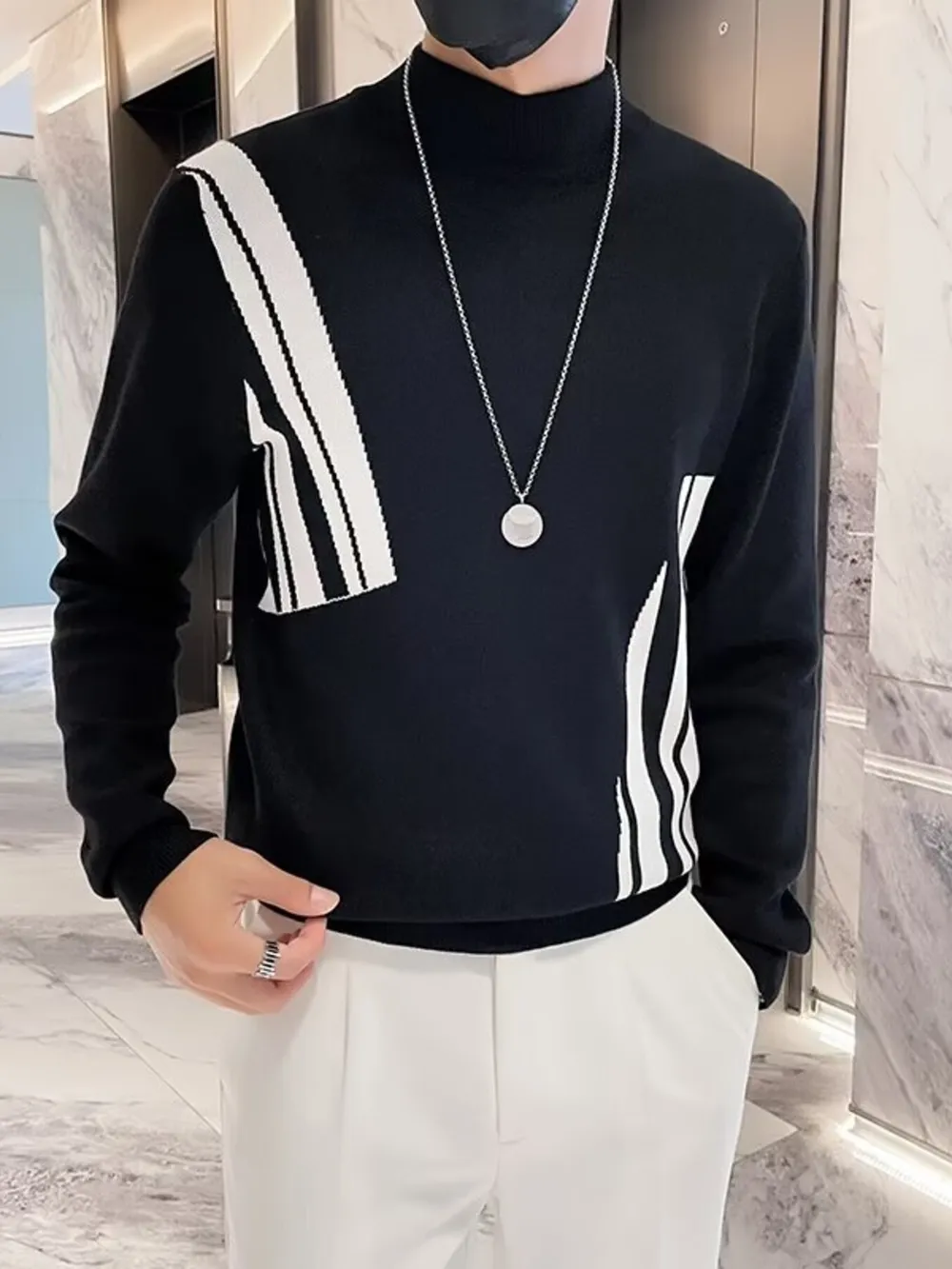 Men's Plus Size Striped Pattern Turtleneck Pullover, image 3