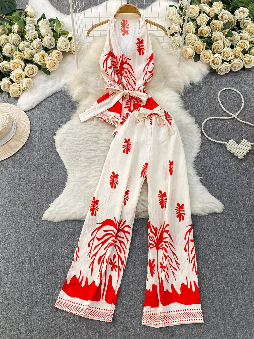 Printed Sleeveless Top and Wide Leg Pants Set, image 7