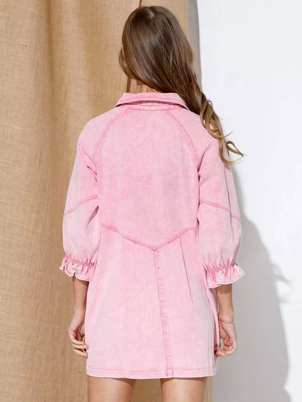 Ruffled Cuff Button-Down Denim Dress, image 10