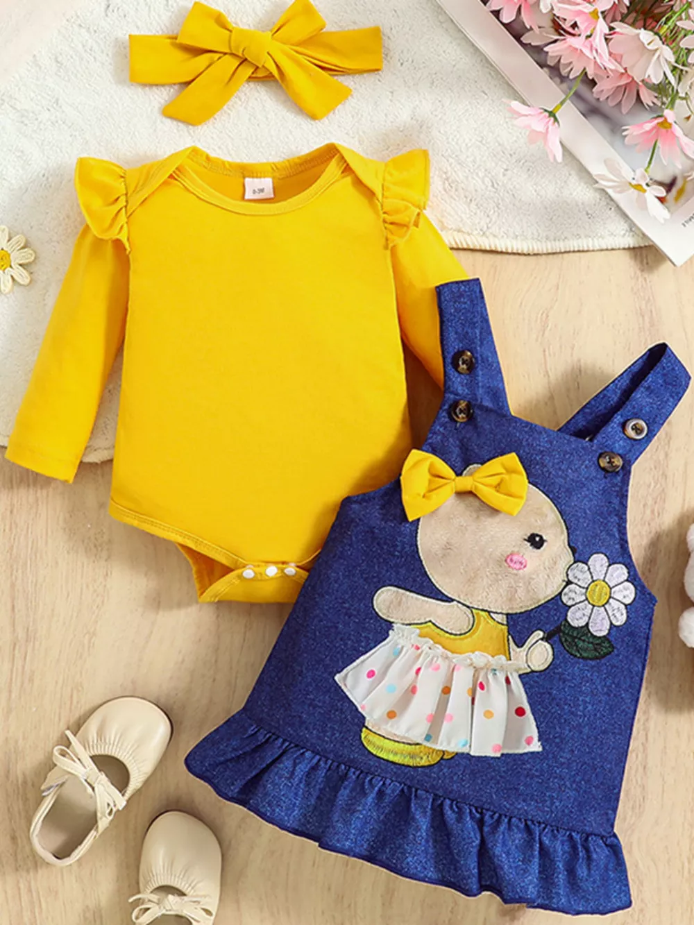 Children's Ruffled Bodysuit and Overall Dress Set with Headband, image 2