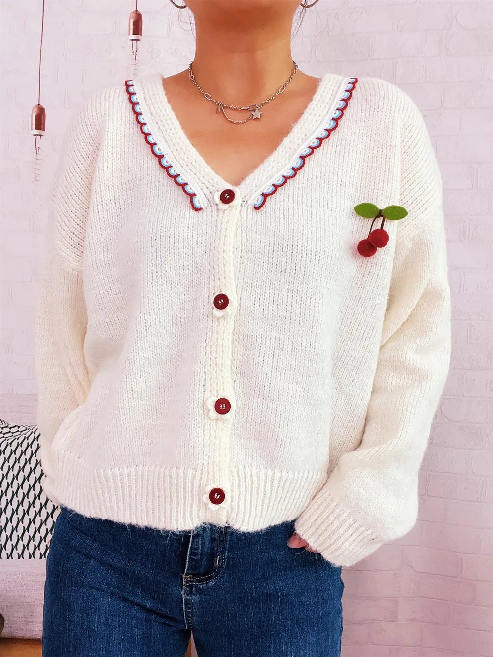 Cherry Button-Front Long Sleeve Cardigan, image 9