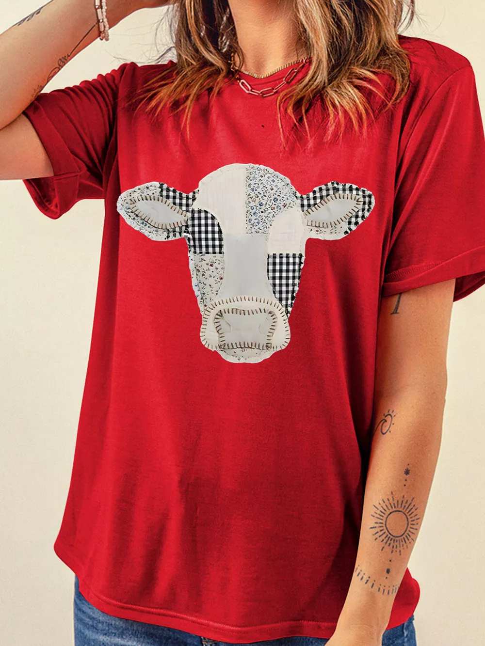 Western Patchwork Cow Print Round Neck Casual T Shirt, image 2