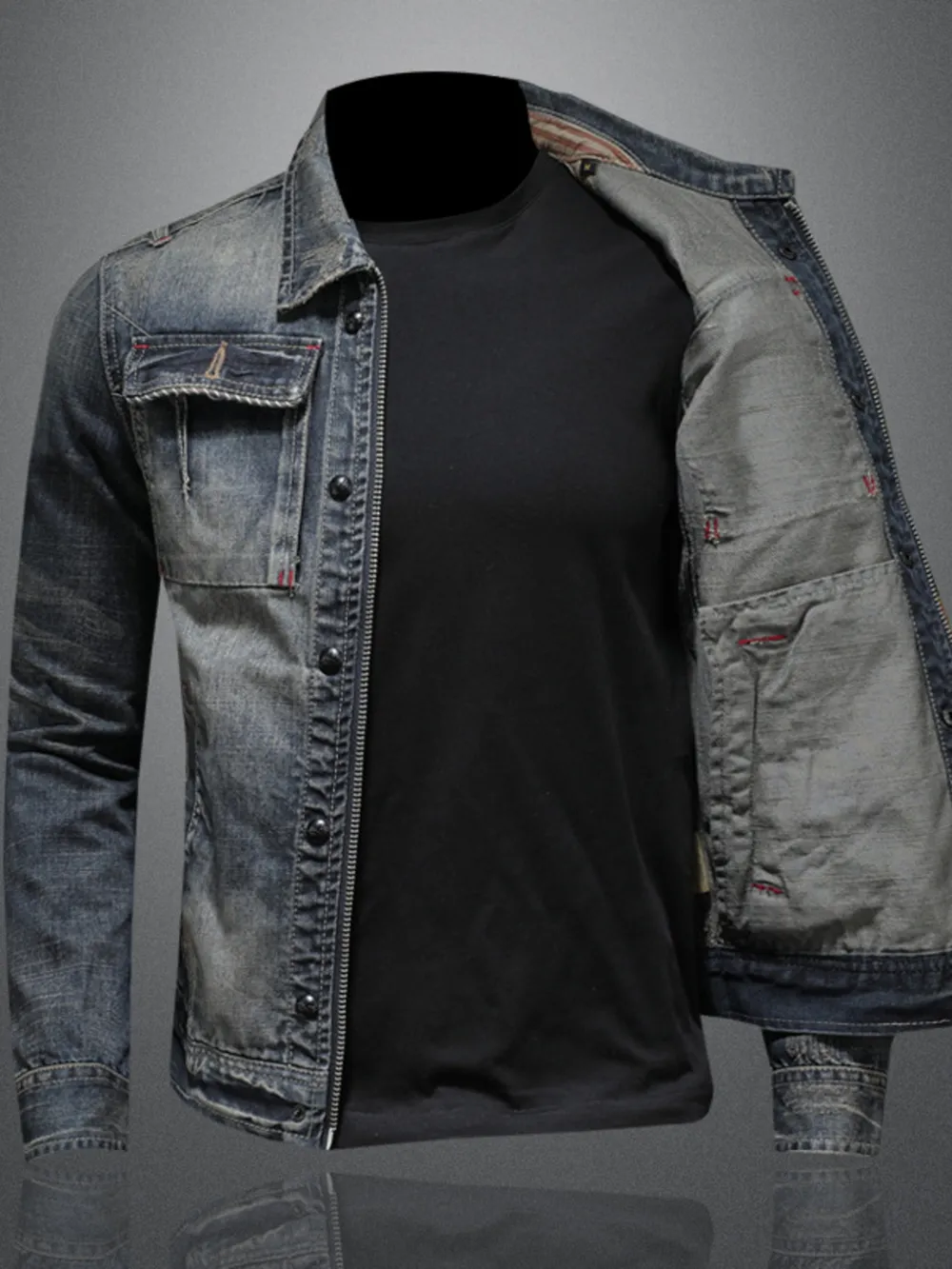 Men's Plus Size Washed Zip Up Denim Jacket with Chest Pockets, image 3