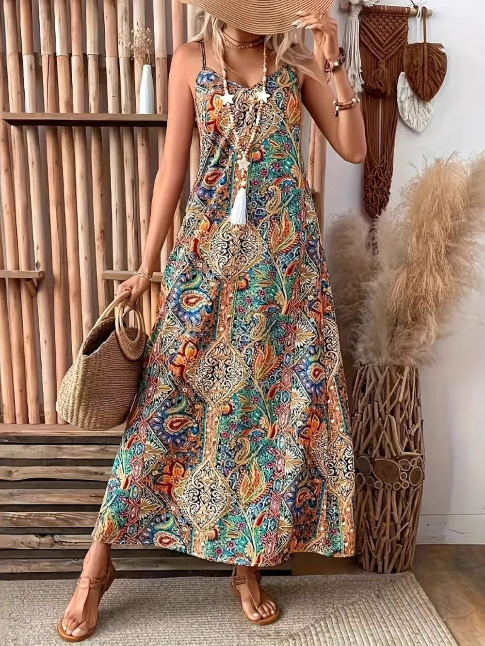 Paisley Print V-Neck Maxi Dress, image 6