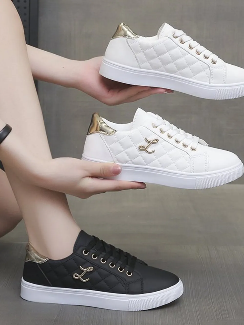 Quilted Platform Sneakers with Metallic Gold Accents, image 15