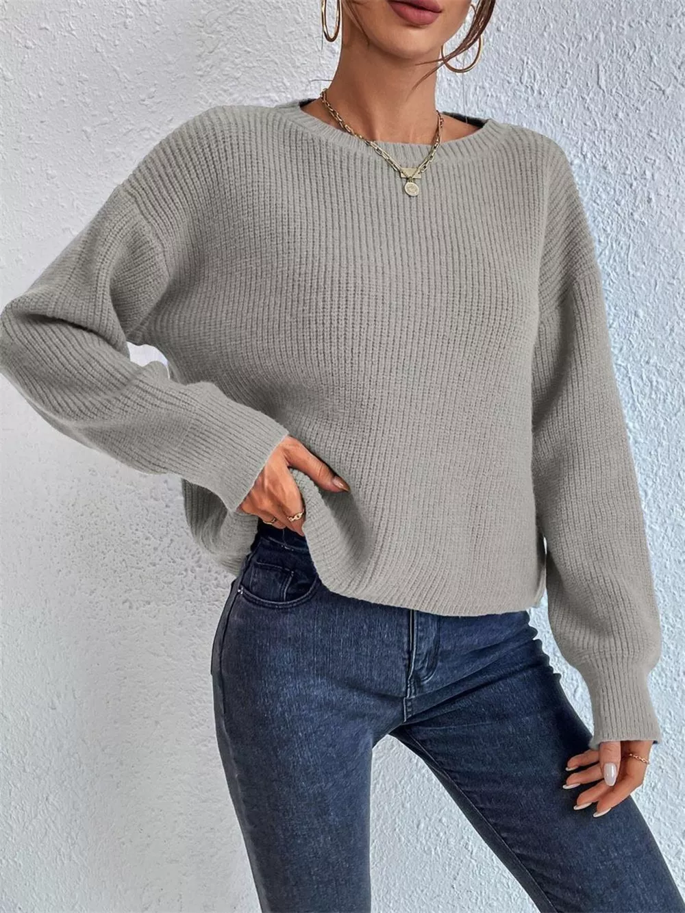 Ribbed Knit Dropped Shoulder Sweater, image 20