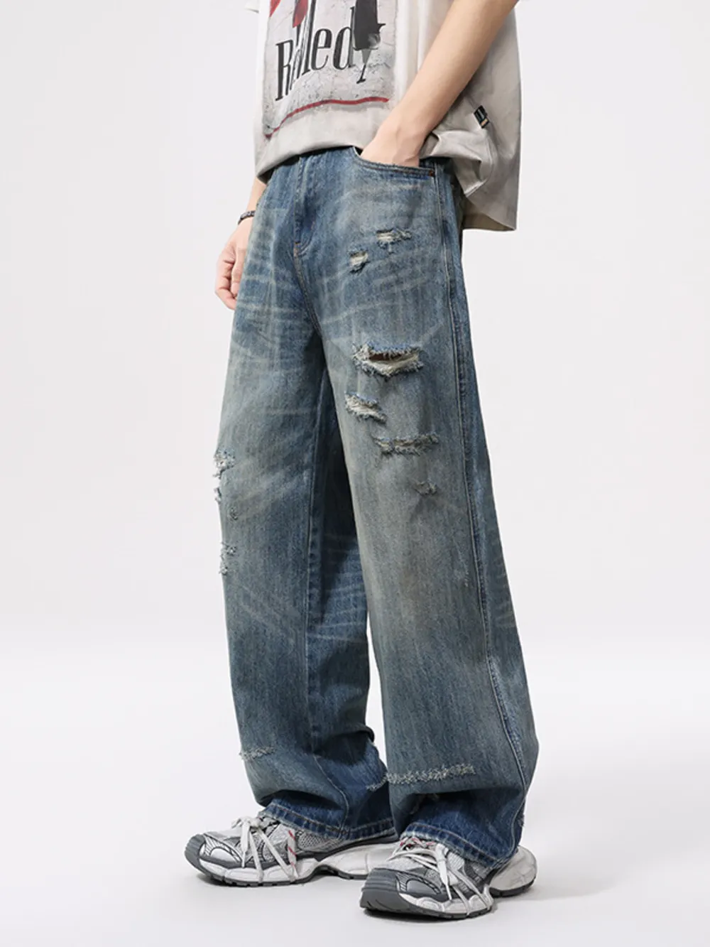 Men's Full Size Vintage Distressed Wide Leg Relaxed Fit Jeans Plus Size, image 2