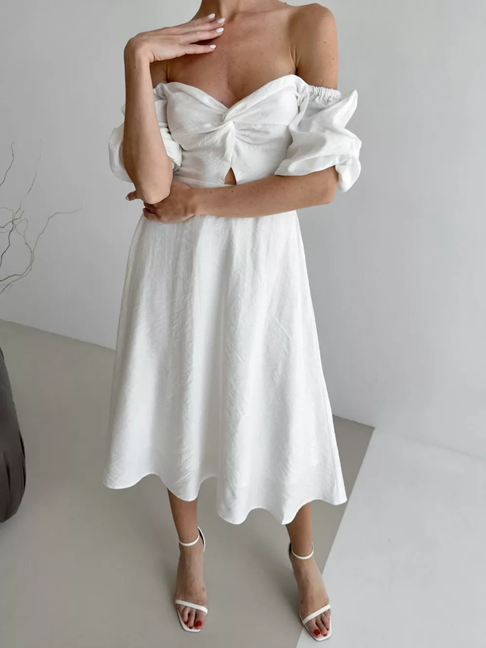 Twisted Front Puff Sleeve Midi Dress, image 15