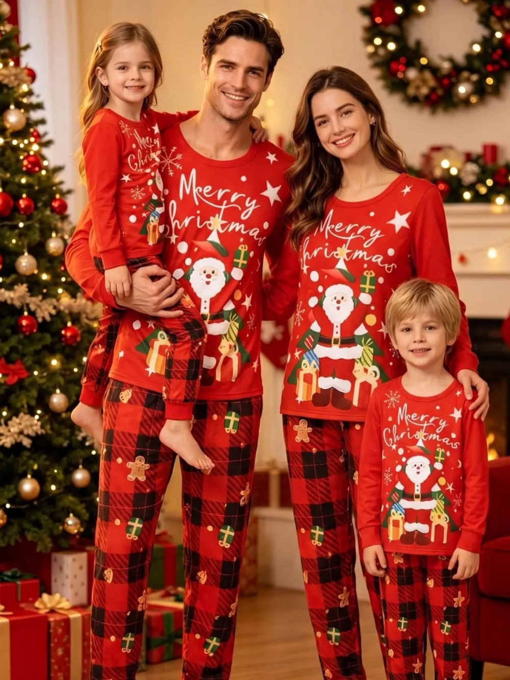 Family Matching Christmas Pajama Set with Santa and Plaid Print, image 2