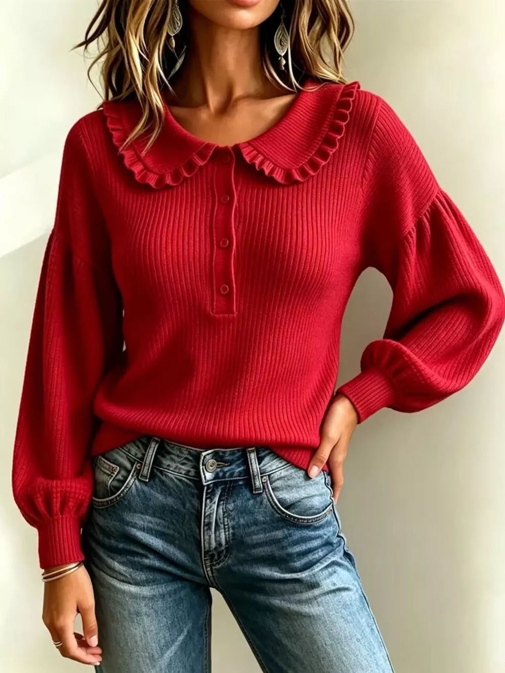 Full Size Ruffle Collar Button Detail Sweater Plus Size, image 12