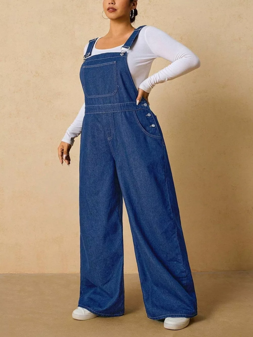 Plus Size Adjustable Strap Wide-Leg Denim Overalls