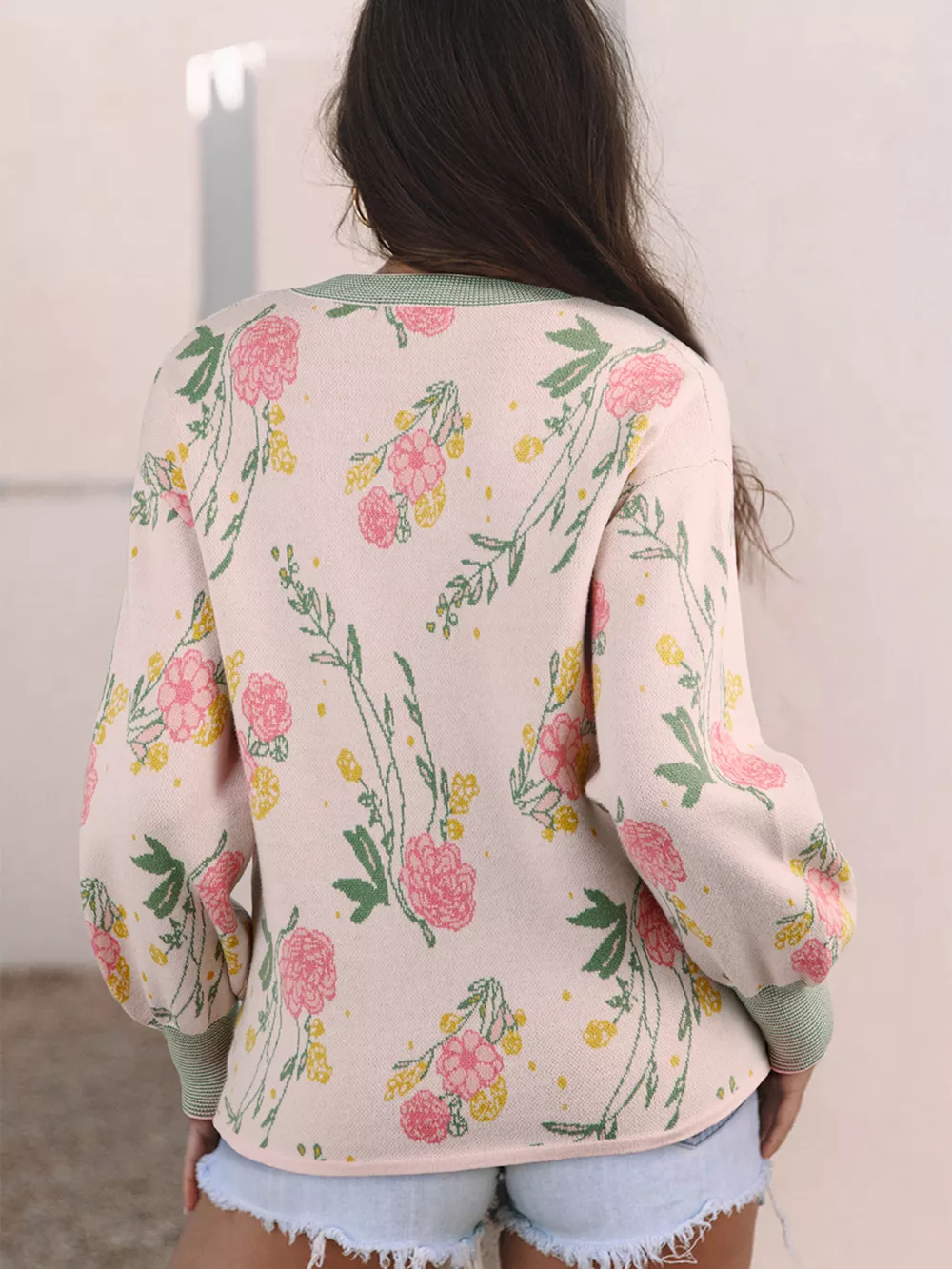 Floral Pattern Striped V Neck Loose Sweater, image 7