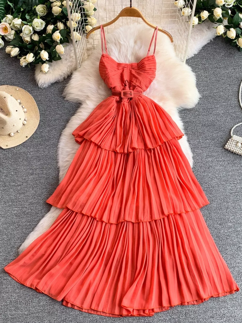 Pleated Layered Spaghetti Strap Midi Dress, image 26