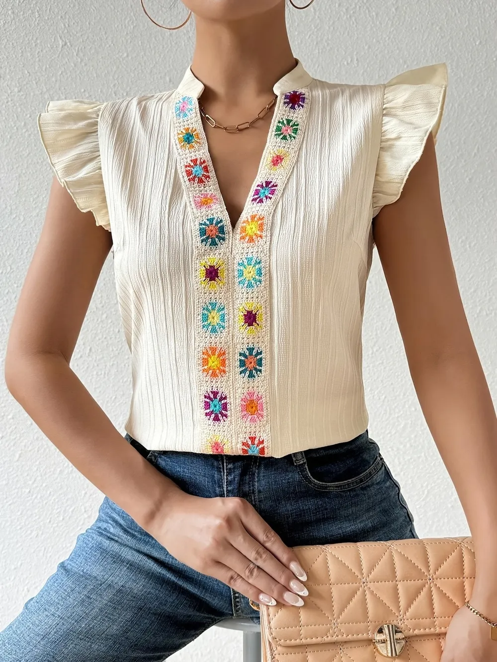 Embroidered Cap Sleeve Notched Blouse, image 3